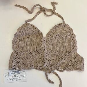 Tribear Handcrafted sexy summer beige crochet lace Halter crop top OneSize